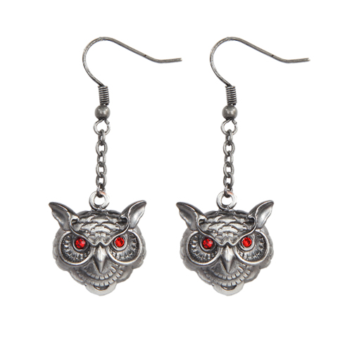 Owl Head Earrings w Red Eyes - Click Image to Close