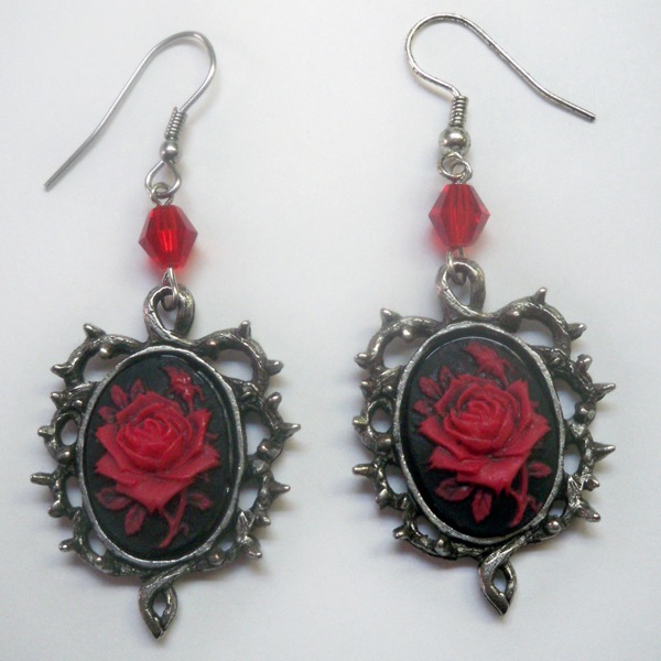 Red and Black Rose Cameo Earrings