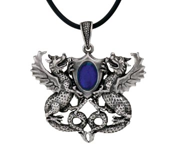 Double Dragons Pendant Necklace W/ Blue Gem