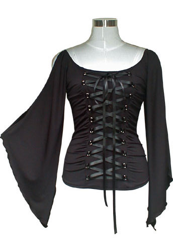 Black Stretchy Lace-Up Gothic Corset Jersey Top - Click Image to Close