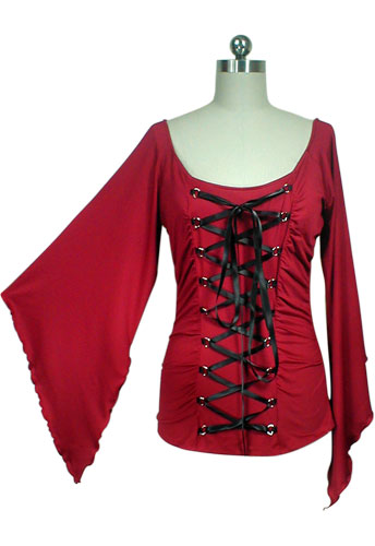 Red Stretchy Lace-Up Gothic Corset Jersey Top - Click Image to Close