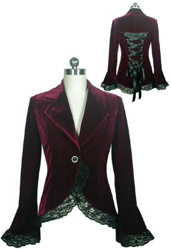 Burgundy Gothic Lace Trim Corset Velvet Jacket - Click Image to Close