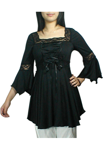 Black Lacing-Up Corset Lace Top Blouse - Click Image to Close