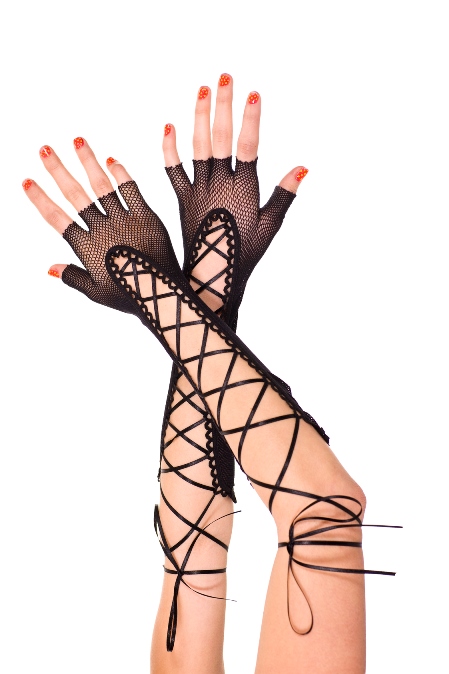 Fingerless Lace up Fishnet Elbow Length Warmer Black - Click Image to Close