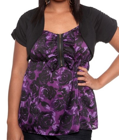 Purple Rose Print 2Fer Bolero Jacket Top