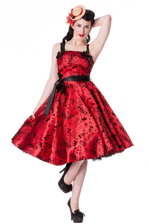 Hell Bunny Plus Size Gothic Red Tattoo Flock Rockabilly Dress - Click Image to Close