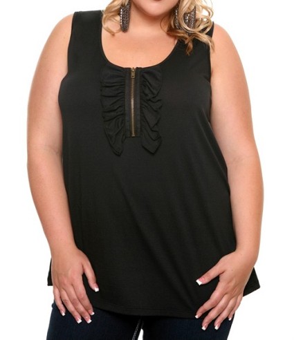 Black Ruffle-Front Zip Tank
