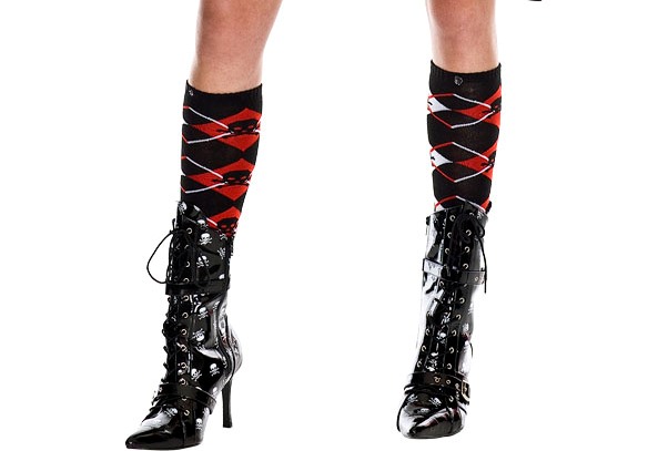 Black White and Red Skull Argyle Knee High Socks - Click Image to Close