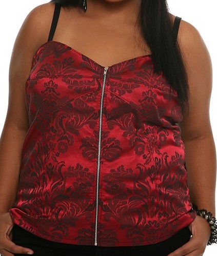 Deep Red Brocade Zip Front Corset Top