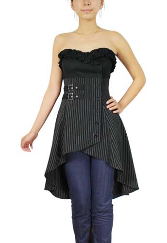 Plus Size Black Buckle Stripes Gothic Strapless Mini Dress Top