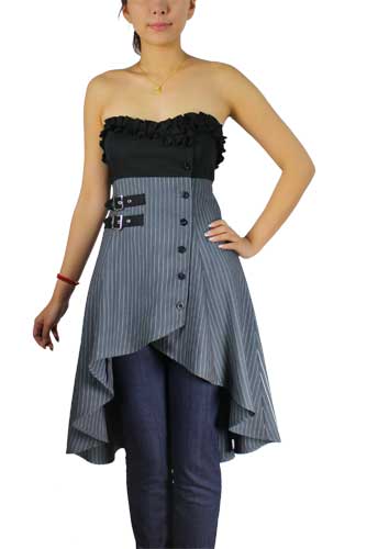 Plus Size Grey Buckle Stripes Gothic Strapless Mini Dress Top