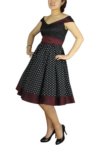Plus Size Black and Burgundy Polka Dot Retro Rockabilly Dress - Click Image to Close