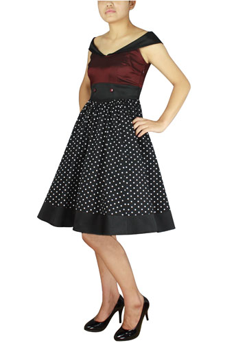 Plus Size Burgundy and Black Polka Dot Retro Rockabilly Dress - Click Image to Close