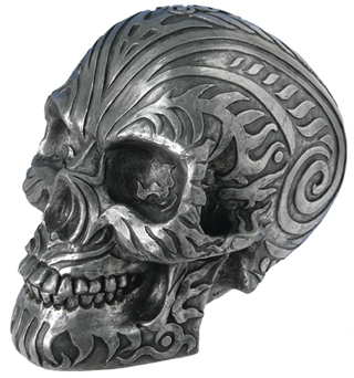 Maori Ram Human Skull Statue Silver Finish Tribal