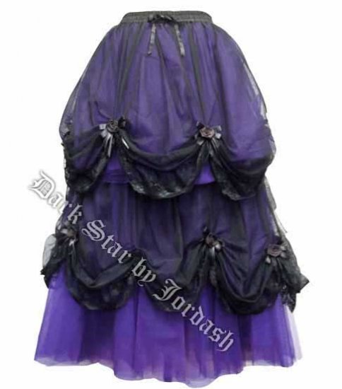 Dark Star Long Purple & Black Satin Roses Gothic Fairytale Skirt - Click Image to Close