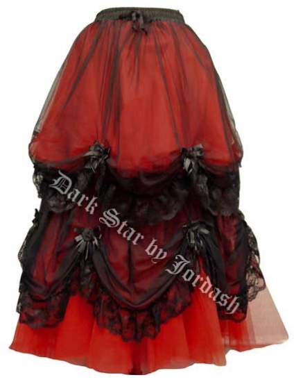 Dark Star Long Red and Black Satin Roses Gothic Fairytale Skirt - Click Image to Close