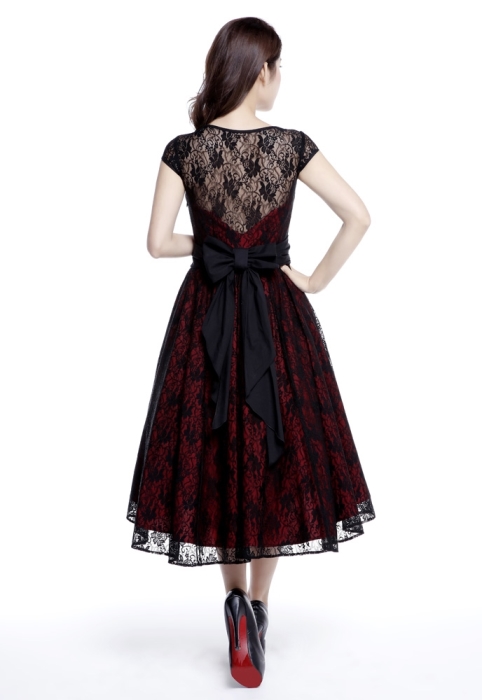 Plus Size Red & Black Gothic Hi Lo Lace Short Sleeve Dress - Click Image to Close