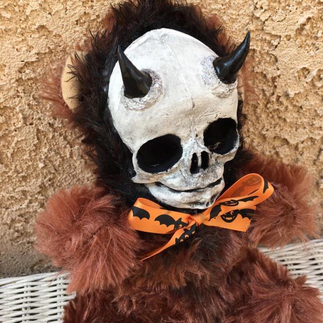 Horned Devil Skull Brown Bear Plush Halloween Bow Creepy Horror Doll by Bastet2329 - Click Image to Close