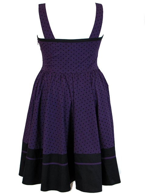 Plus Size Black and Purple Polka Dot Flirty Rockabilly Dress - Click Image to Close