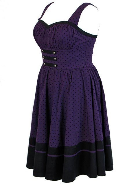 Plus Size Black and Purple Polka Dot Flirty Rockabilly Dress - Click Image to Close