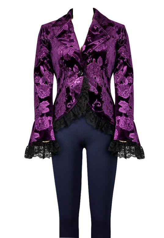 Plus Size Purple Pattern Gothic Lace Trim Corset Velvet Jacket - Click Image to Close