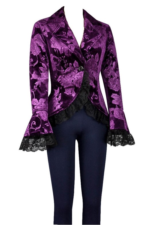 Plus Size Purple Pattern Gothic Lace Trim Corset Velvet Jacket - Click Image to Close
