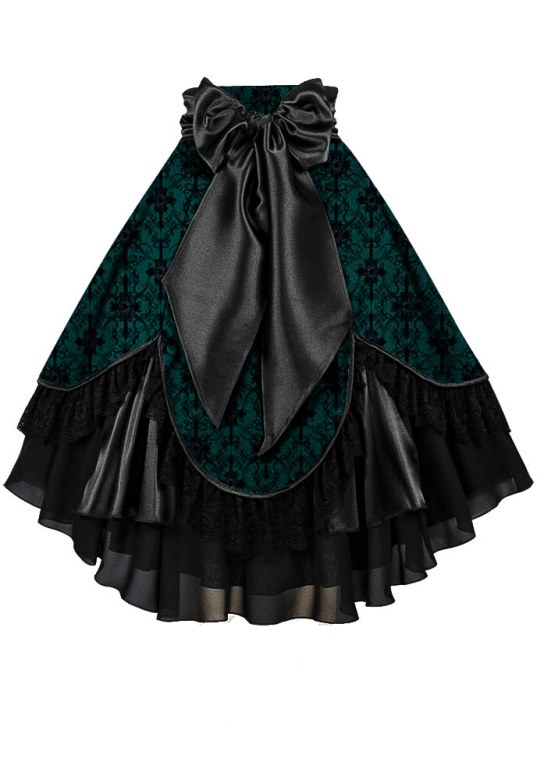Plus Size Teal Green/Blue Damask Pattern & Black Gothic High Waist Lace and Tafetta Skirt - Click Image to Close