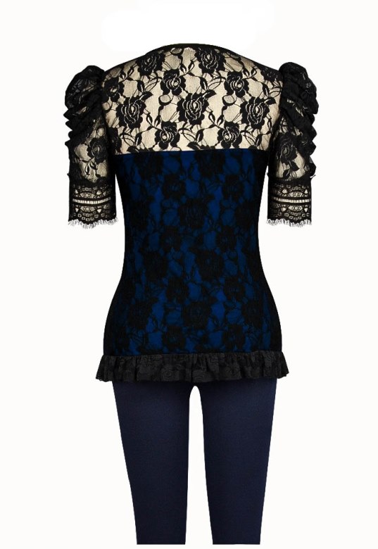 Plus Size Black & Blue Gothic Lace Ruffle Front Tie Top - Click Image to Close