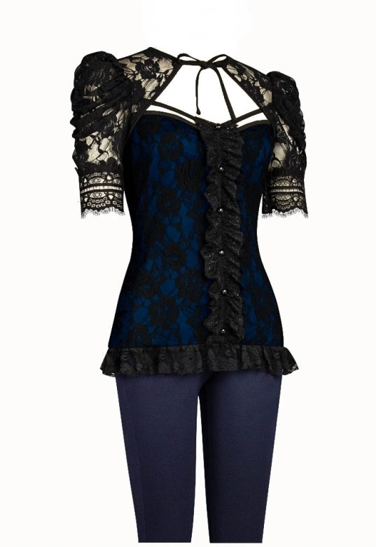 Plus Size Black & Blue Gothic Lace Ruffle Front Tie Top - Click Image to Close