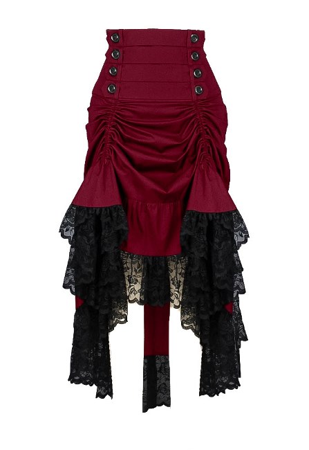 Plus Size Burgundy & Black Gothic Black 2 Way Lace up Burlesque Hi Low Skirt