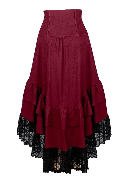 Plus Size Burgundy & Black Gothic Black 2 Way Lace up Burlesque Hi Low Skirt - Click Image to Close