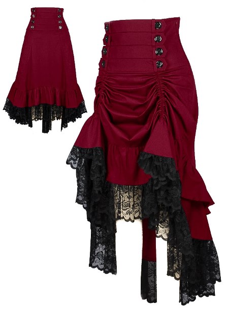 Plus Size Burgundy & Black Gothic Black 2 Way Lace up Burlesque Hi Low Skirt - Click Image to Close