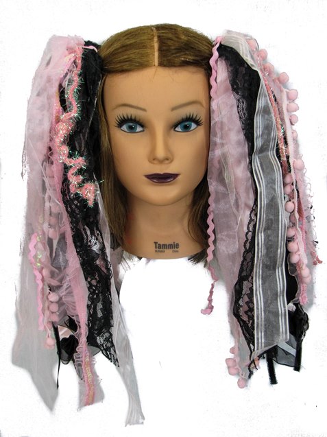 Baby Pink & Black Gothic Ribbon Hair Falls by Dreadful Falls - Click Image to Close