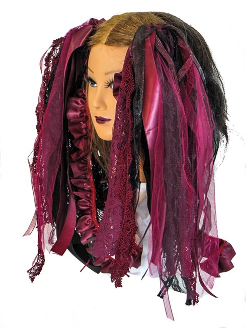 Burgundy and Black Gothic Ribbon Hair Falls by Dreadful Falls - Click Image to Close
