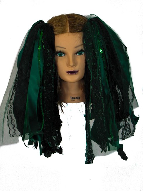 Dark Green and Black Gothic Ribbon Hair Falls by Dreadful Falls - Click Image to Close