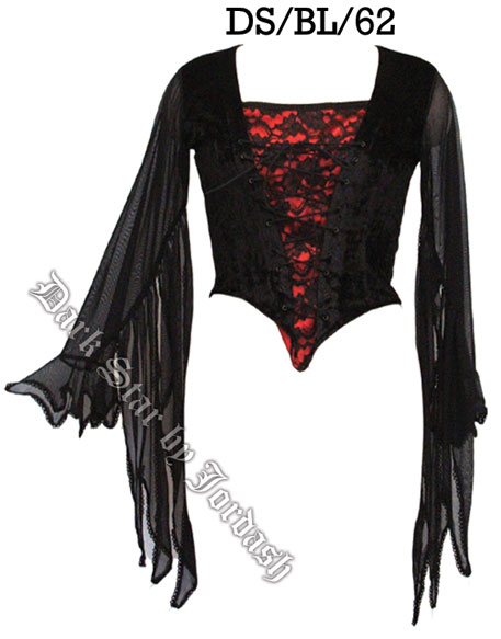 Dark Star Gothic Red Black Velvet Lace Winged Sleeves Top [DS/BL/62R] - $41.99 : Mystic Crypt, the most unique, hard to find items at ghoulishly great prices! :  toys mermaids fairies winged