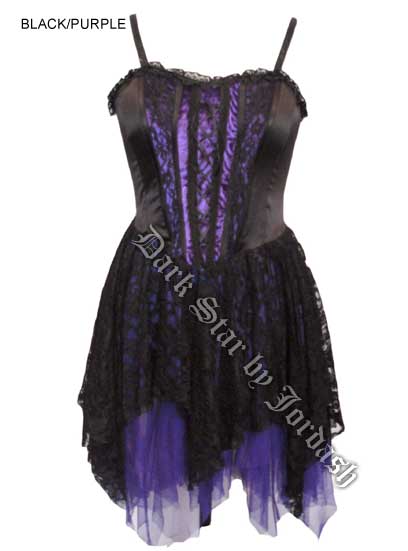 Dark Star Black and Purple Satin Velvet Lace Gothic Mini Dress - Click Image to Close