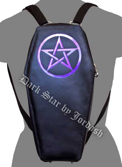 Dark Star Black Gothic PVC Purple Pentacle Coffin Backpack Purse - Click Image to Close