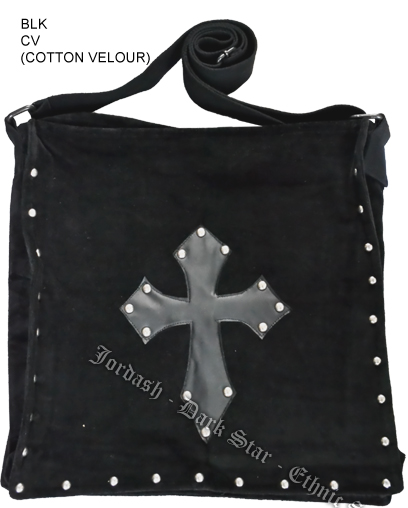 Dark Star Black Stud Cross PVC Velvet Gothic Skull Book Bag - Click Image to Close