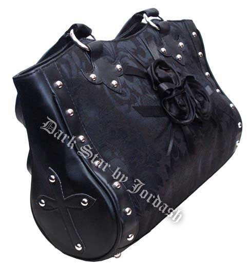 Dark Star Black Gothic Cross Brocade and Roses Hand Bag - Click Image to Close
