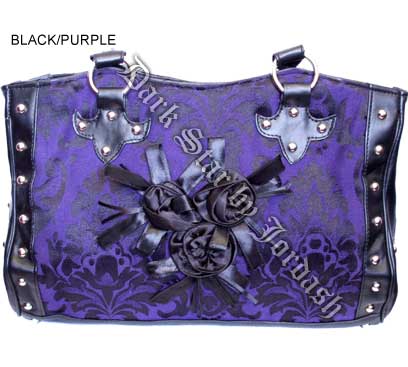 Dark Star Black and Purple Gothic Cross Brocade and Roses Hand Bag - Click Image to Close