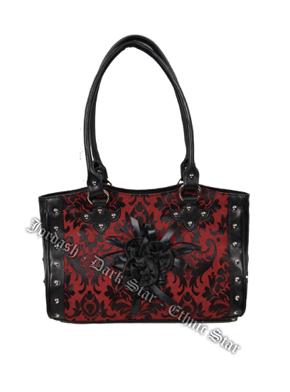 Dark Star Black and Red Gothic Cross Brocade and Roses Hand Bag - Click Image to Close
