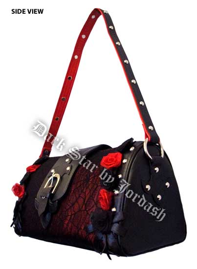Dark Star Black and Red Gothic Cobweb and Roses PVC Purse - Click Image to Close