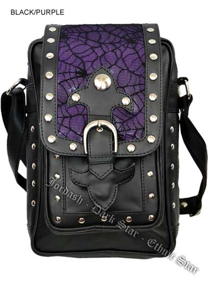Dark Star PVC Black and Purple Cobweb Stud Gothic Shoulder Bag - Click Image to Close