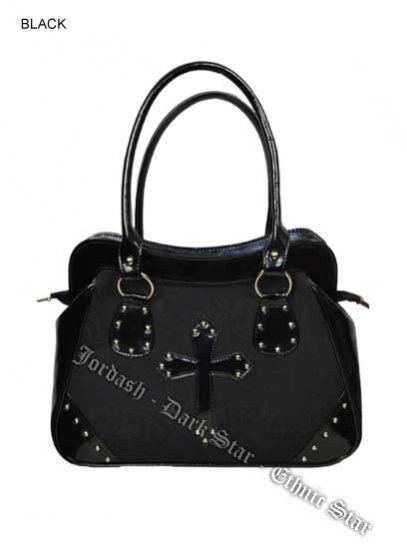 Dark Star Black PVC Brocade Studded Cross Handbag Purse - Click Image to Close