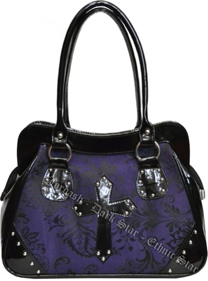 Dark Star Black and Purple PVC Brocade Studded Cross Handbag Purse - Click Image to Close