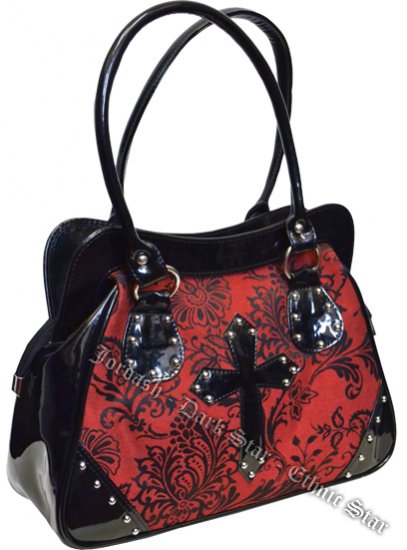 Dark Star Black and Red PVC Brocade Studded Cross Handbag Purse - Click Image to Close