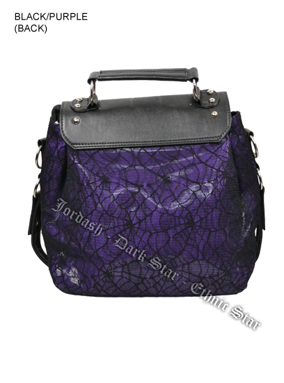 Dark Star Black and Purple Gothic Cobweb and Spider PVC Handbag & Shoulder Purse - Click Image to Close