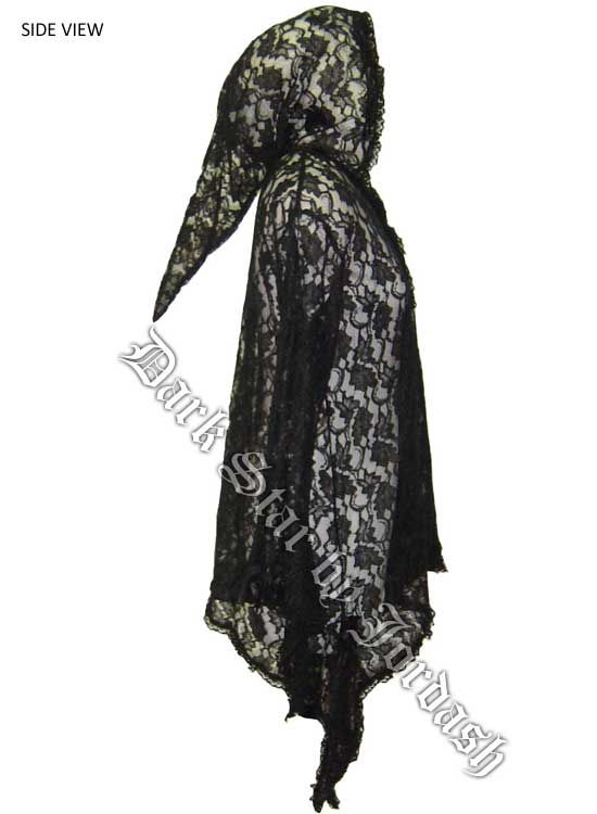 Dark Star Gothic Black Lace Hooded Cape with Rosettes - Click Image to Close