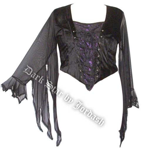 Dark Star Gothic Purple Black Velvet Lace Winged Sleeves Top - Click Image to Close